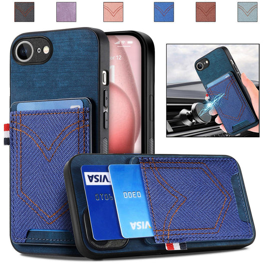 For iPhone 16e Denim Texture Leather Skin Phone Case with Card Slot(Blue)