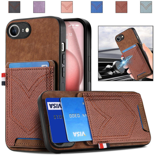 For iPhone 16e Denim Texture Leather Skin Phone Case with Card Slot(Brown)