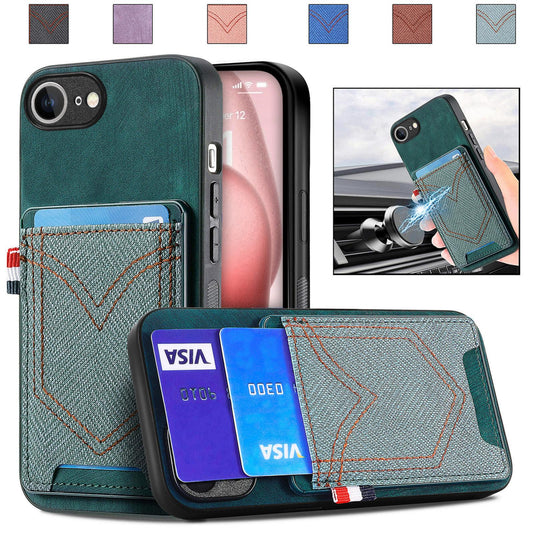 For iPhone 16e Denim Texture Leather Skin Phone Case with Card Slot(Green)