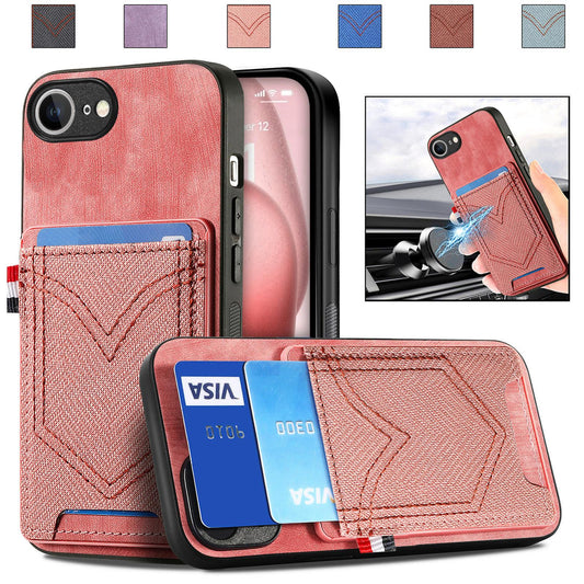 For iPhone 16e Denim Texture Leather Skin Phone Case with Card Slot(Pink)