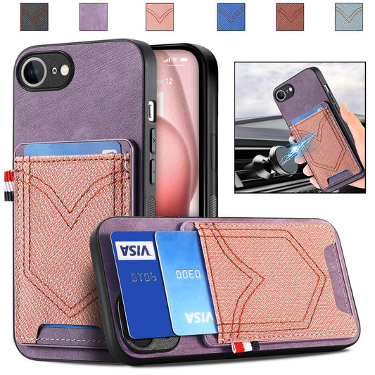 For iPhone 16e Denim Texture Leather Skin Phone Case with Card Slot(Purple)