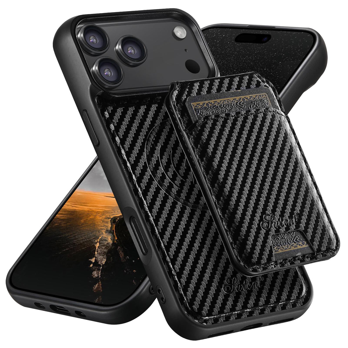 Compatible with iPhone 18 Pro Max Suteni TXWH18 Carbon Fiber Texture Detachable Wallet MagSafe Phone Case - Black