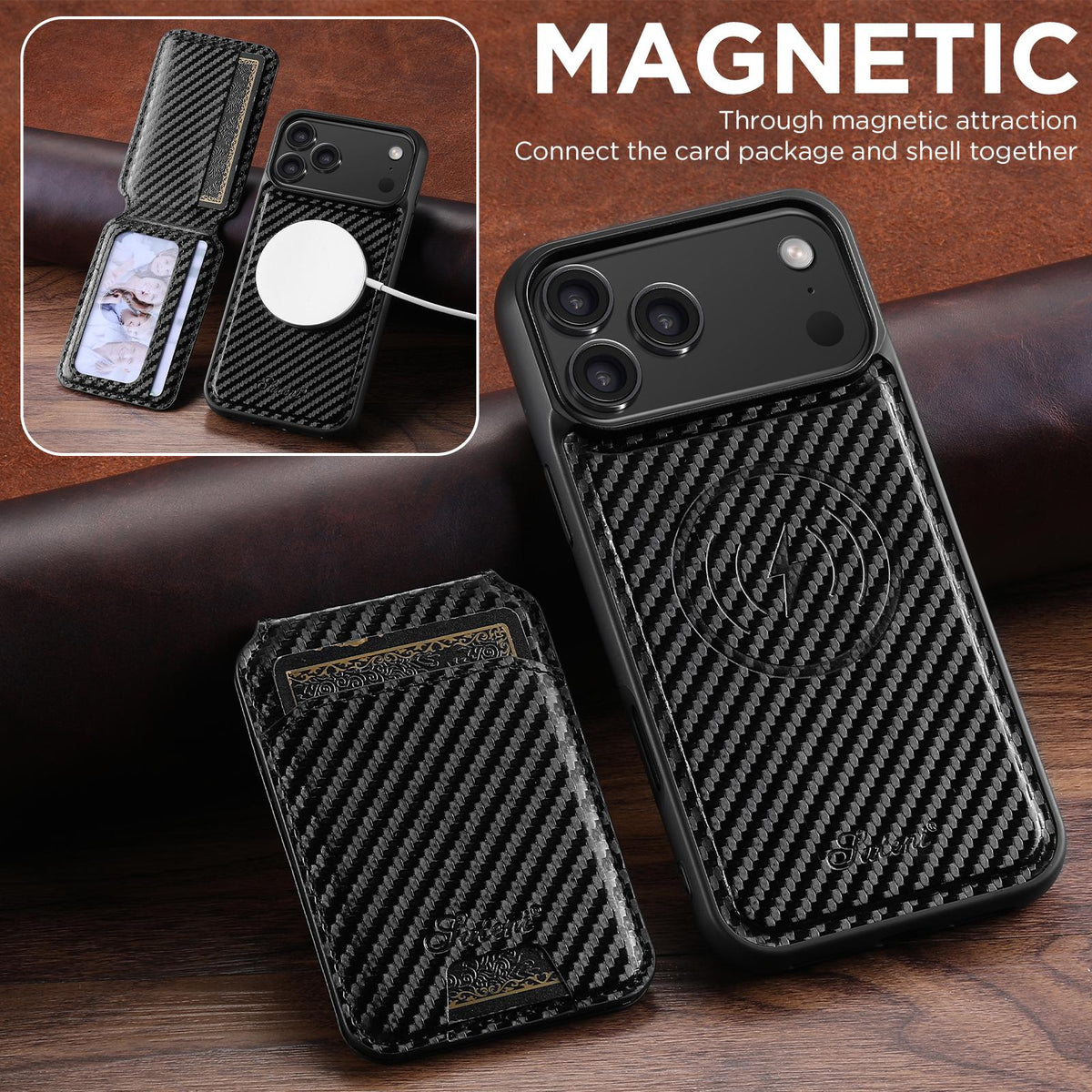 Compatible with iPhone 18 Pro Max Suteni TXWH18 Carbon Fiber Texture Detachable Wallet MagSafe Phone Case - Black