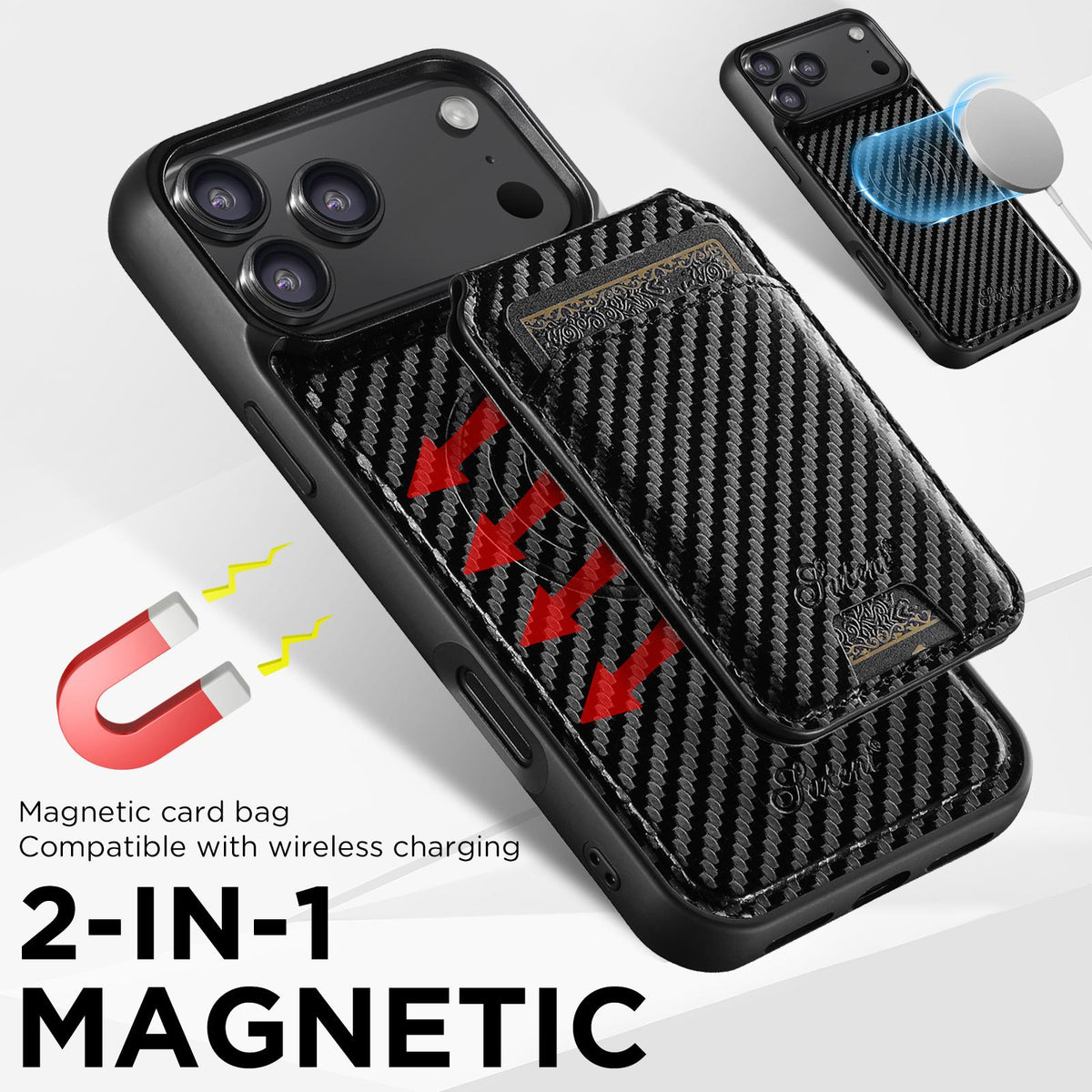 Compatible with iPhone 18 Pro Max Suteni TXWH18 Carbon Fiber Texture Detachable Wallet MagSafe Phone Case - Black