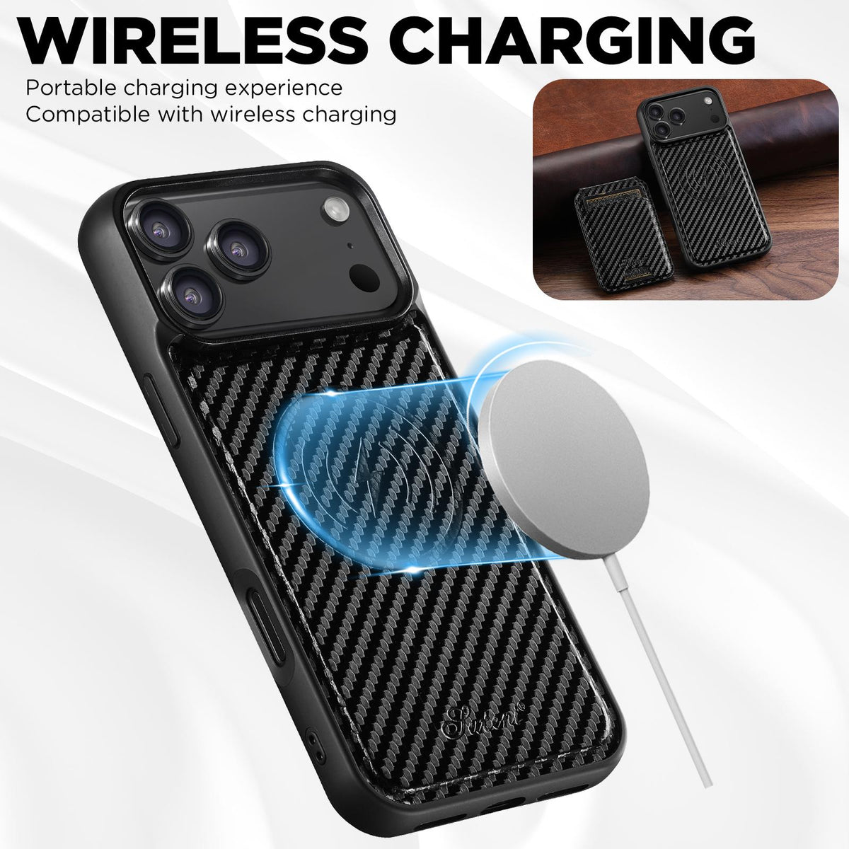 Compatible with iPhone 18 Pro Max Suteni TXWH18 Carbon Fiber Texture Detachable Wallet MagSafe Phone Case - Black