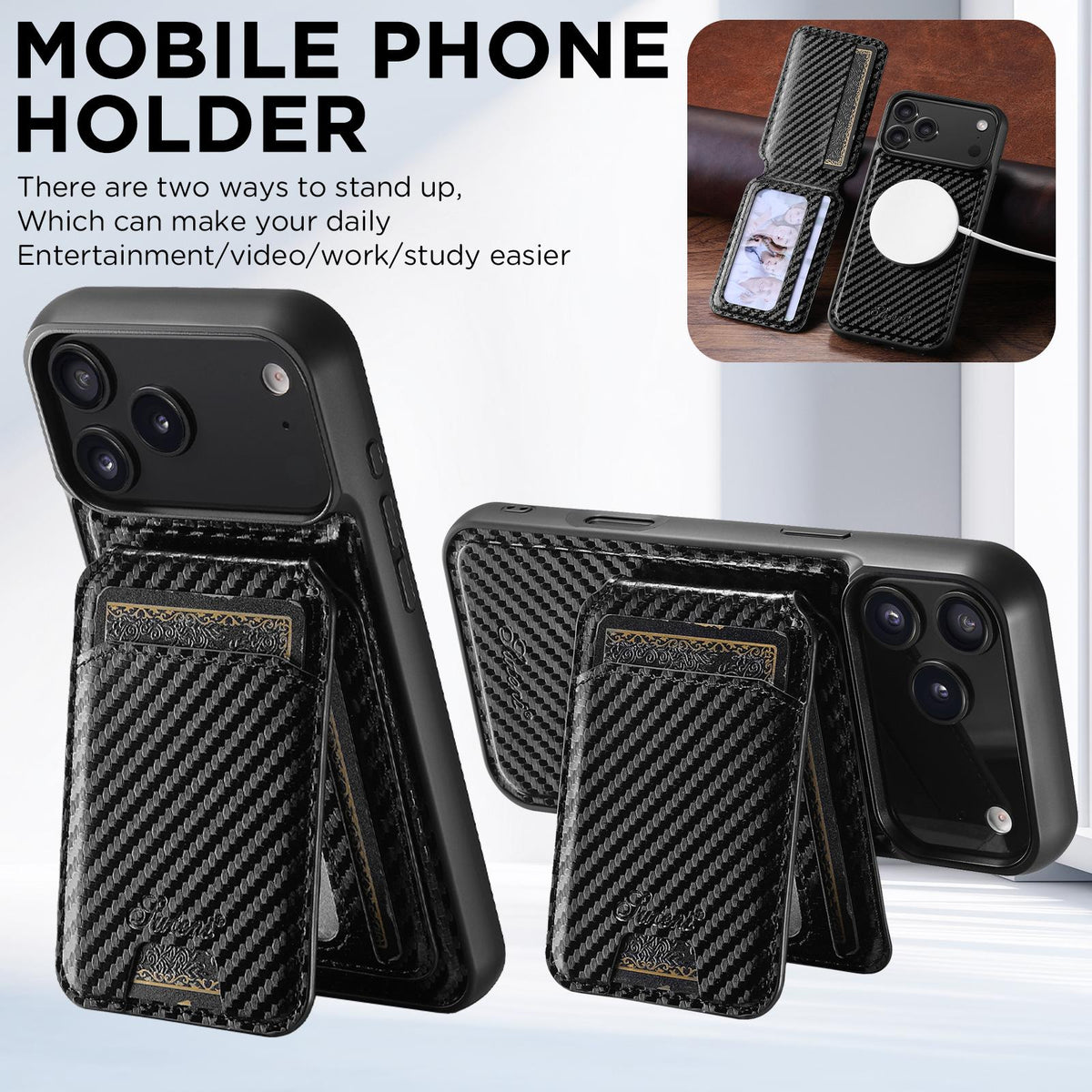Compatible with iPhone 18 Pro Max Suteni TXWH18 Carbon Fiber Texture Detachable Wallet MagSafe Phone Case - Black