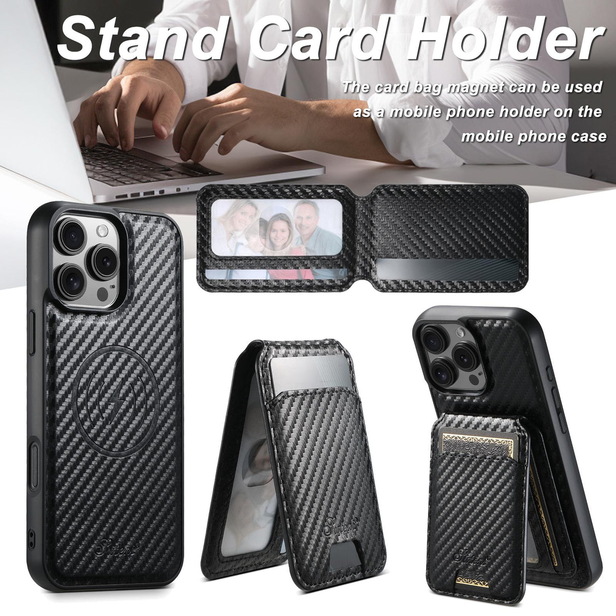 Compatible with iPhone 18 Pro Max Suteni TXWH18 Carbon Fiber Texture Detachable Wallet MagSafe Phone Case - Black