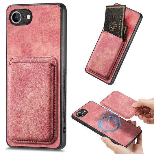 For iPhone 16e Retro Leather Card Bag Magnetic Phone Case(Pink)