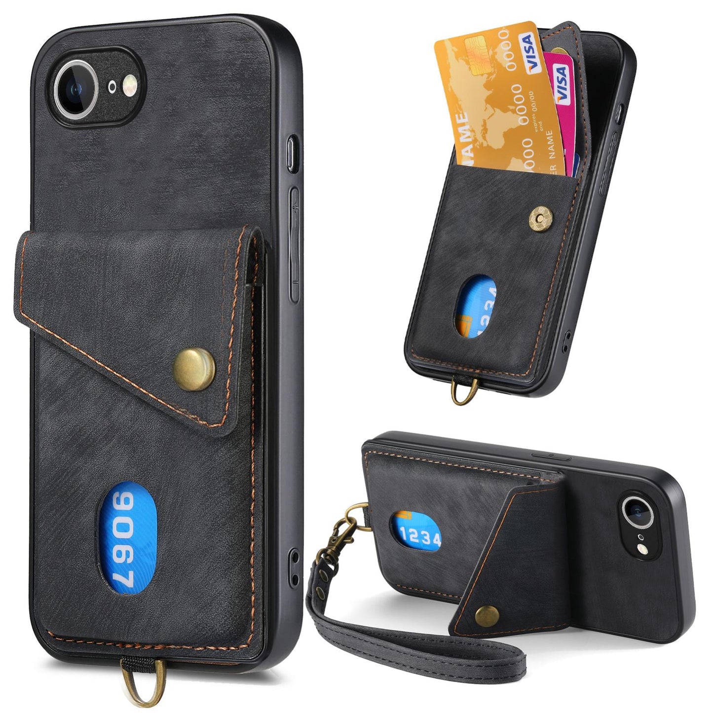 For iPhone 16e Retro Card Wallet Fold Leather Phone Case with Strap(Black)