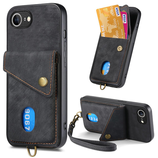 For iPhone 16e Retro Card Wallet Fold Leather Phone Case with Strap(Black)