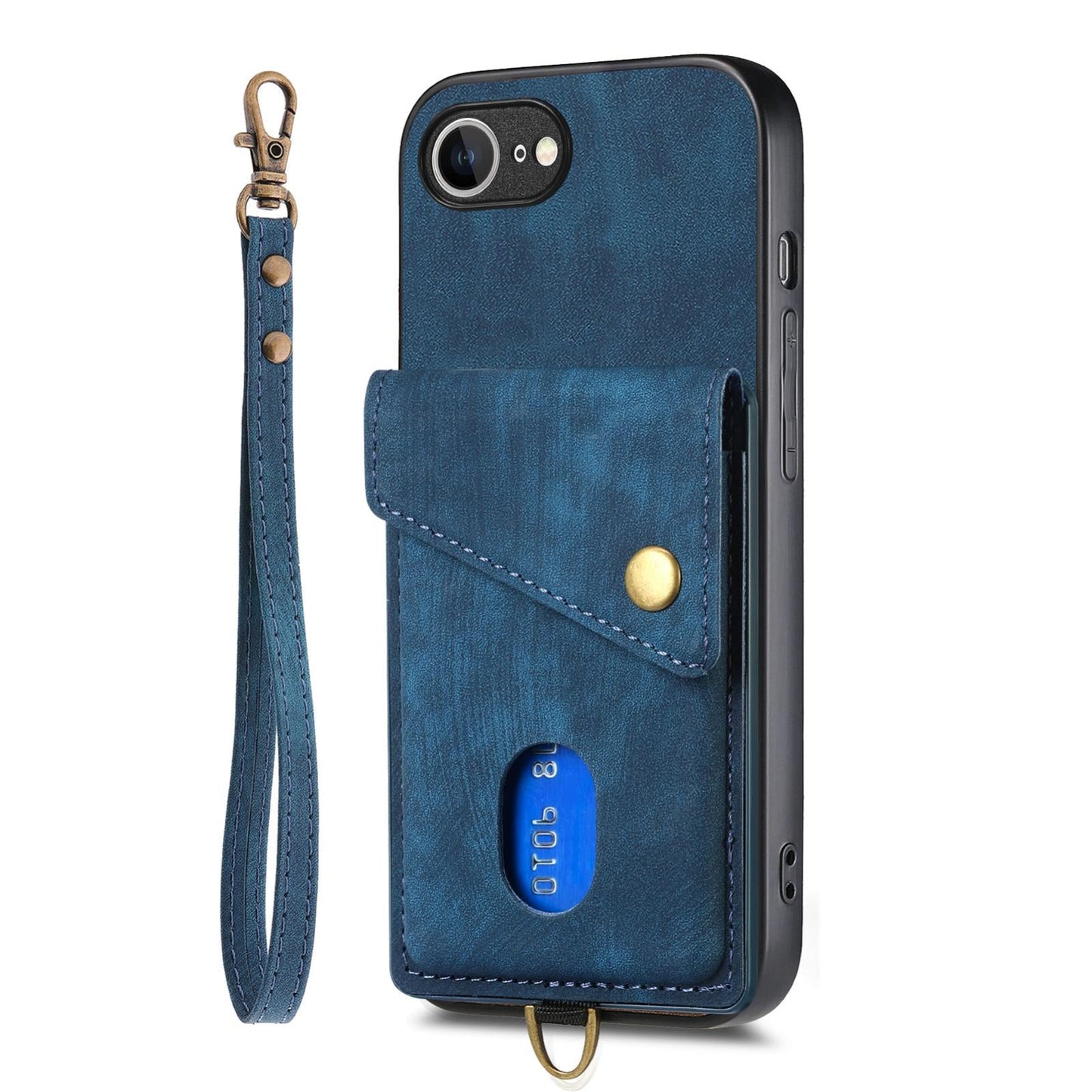 For iPhone 16e Retro Card Wallet Fold Leather Phone Case with Strap(Blue)