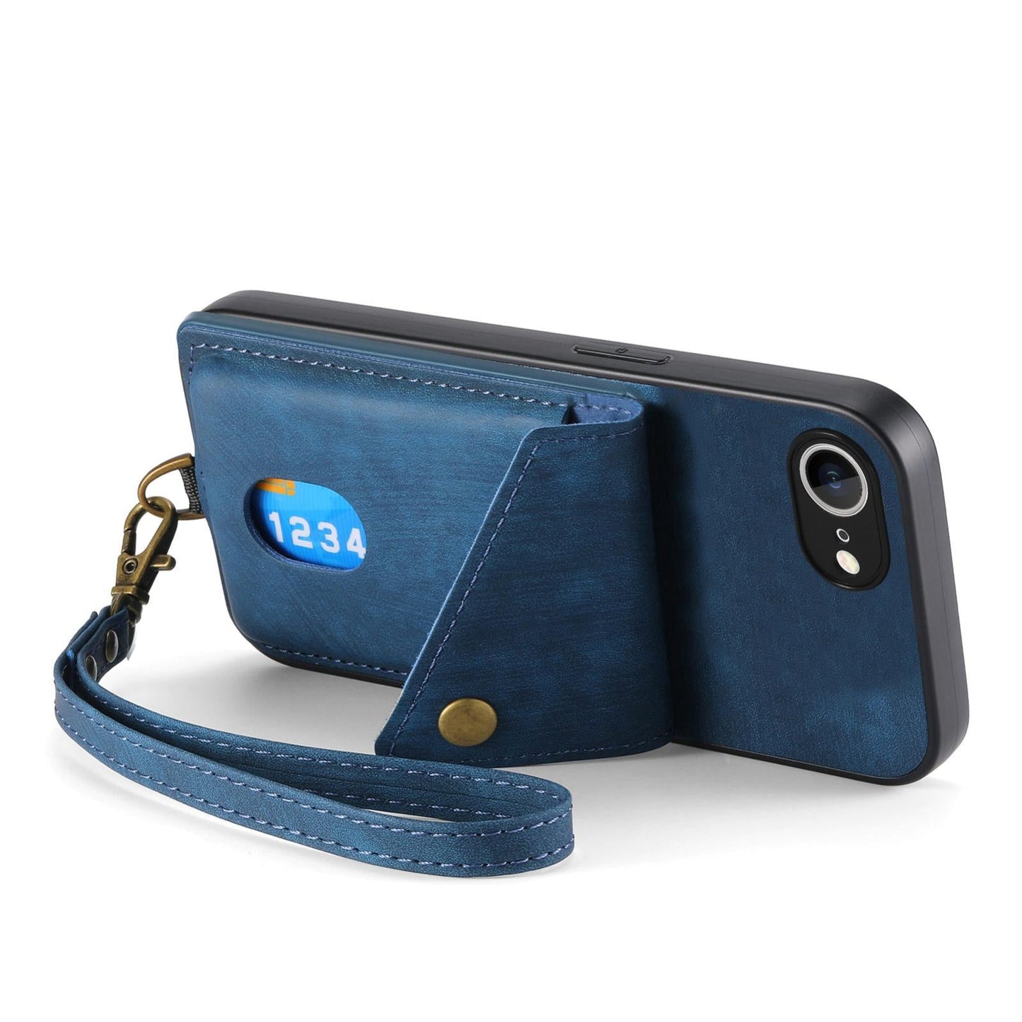 For iPhone 16e Retro Card Wallet Fold Leather Phone Case with Strap(Blue)