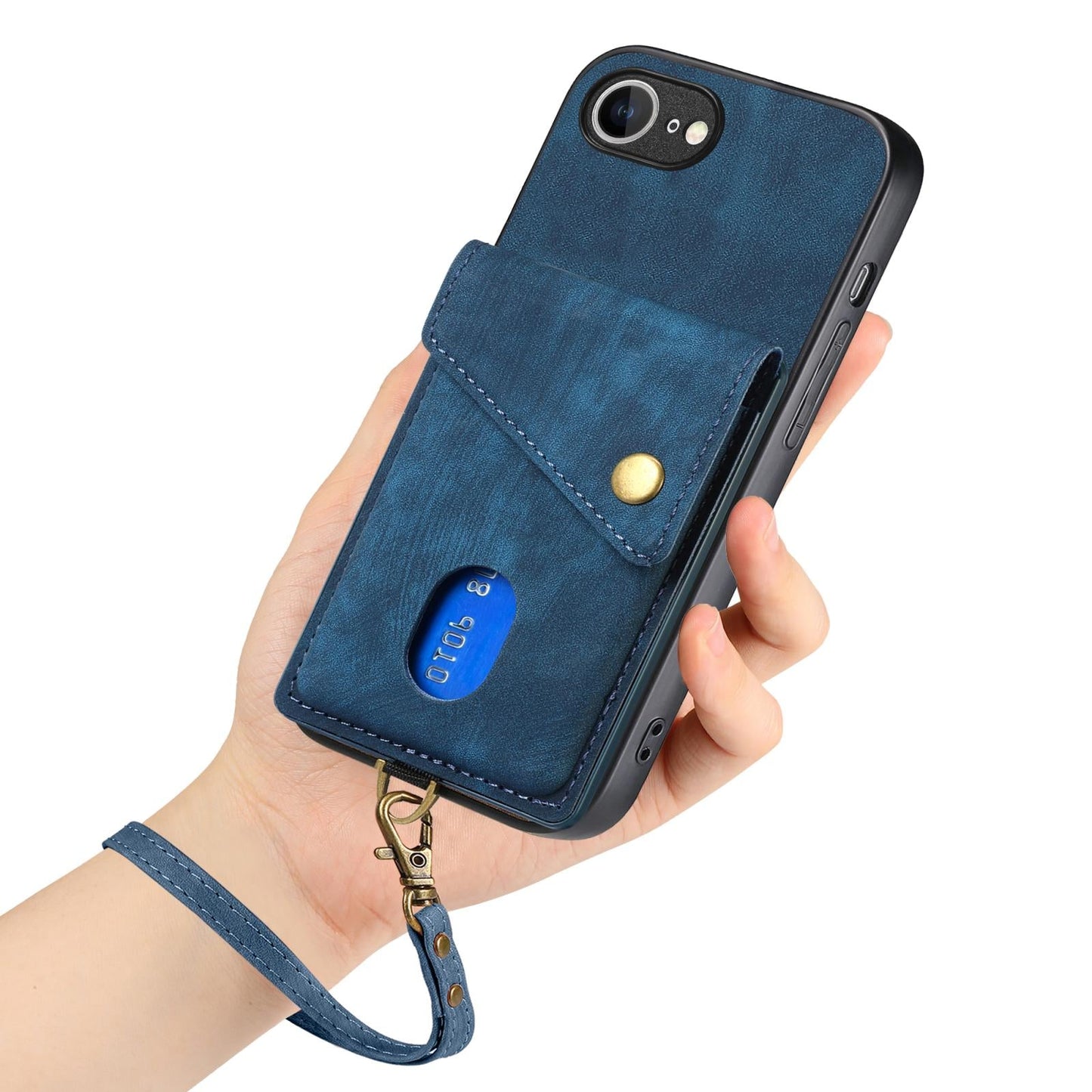 For iPhone 16e Retro Card Wallet Fold Leather Phone Case with Strap(Blue)