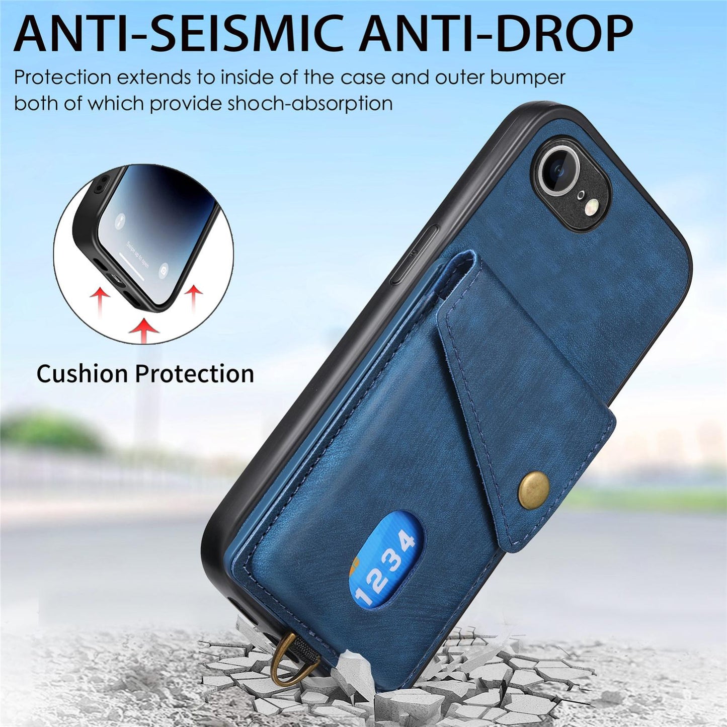 For iPhone 16e Retro Card Wallet Fold Leather Phone Case with Strap(Blue)