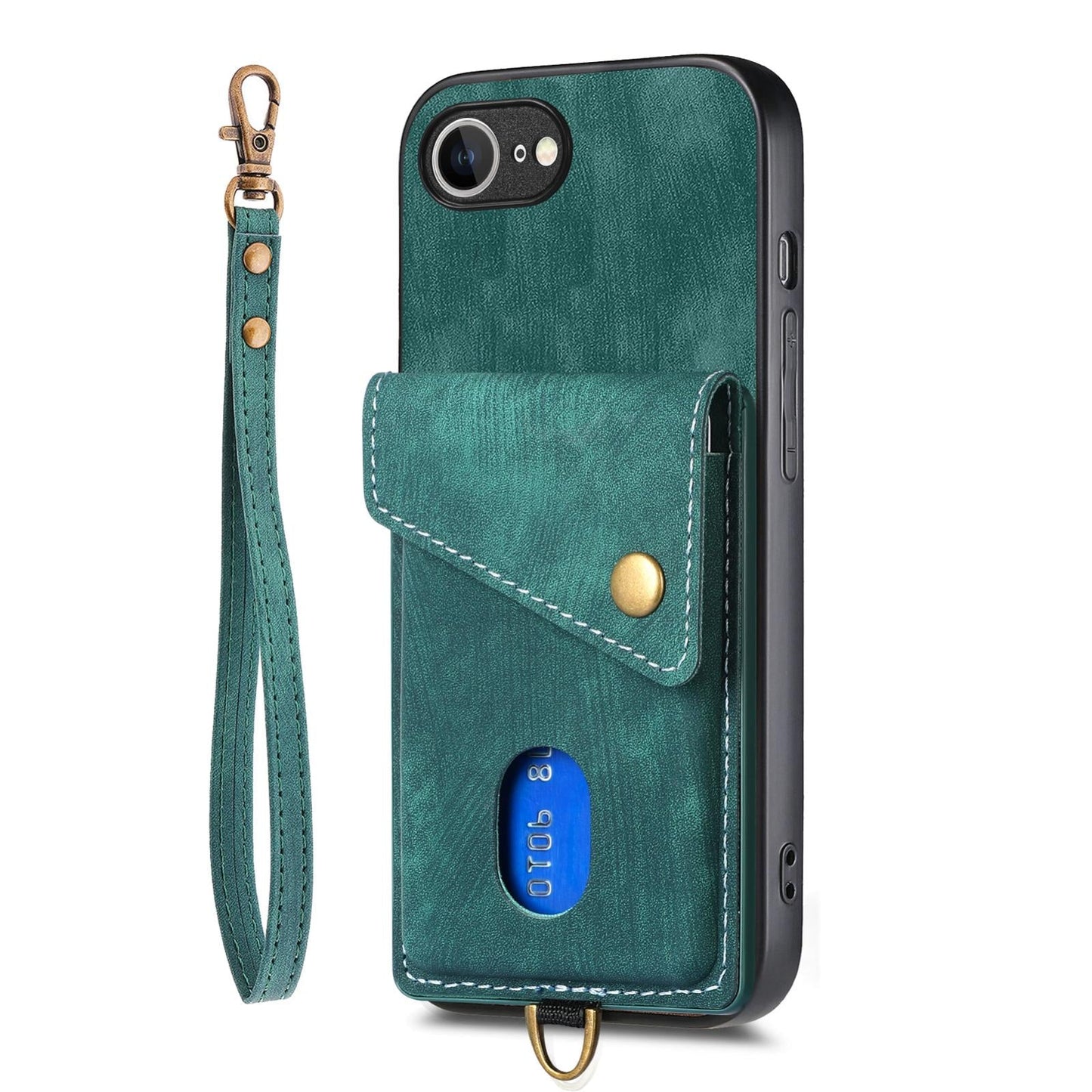 For iPhone 16e Retro Card Wallet Fold Leather Phone Case with Strap(Green)