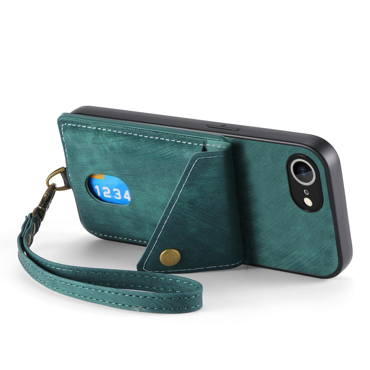 For iPhone 16e Retro Card Wallet Fold Leather Phone Case with Strap(Green)