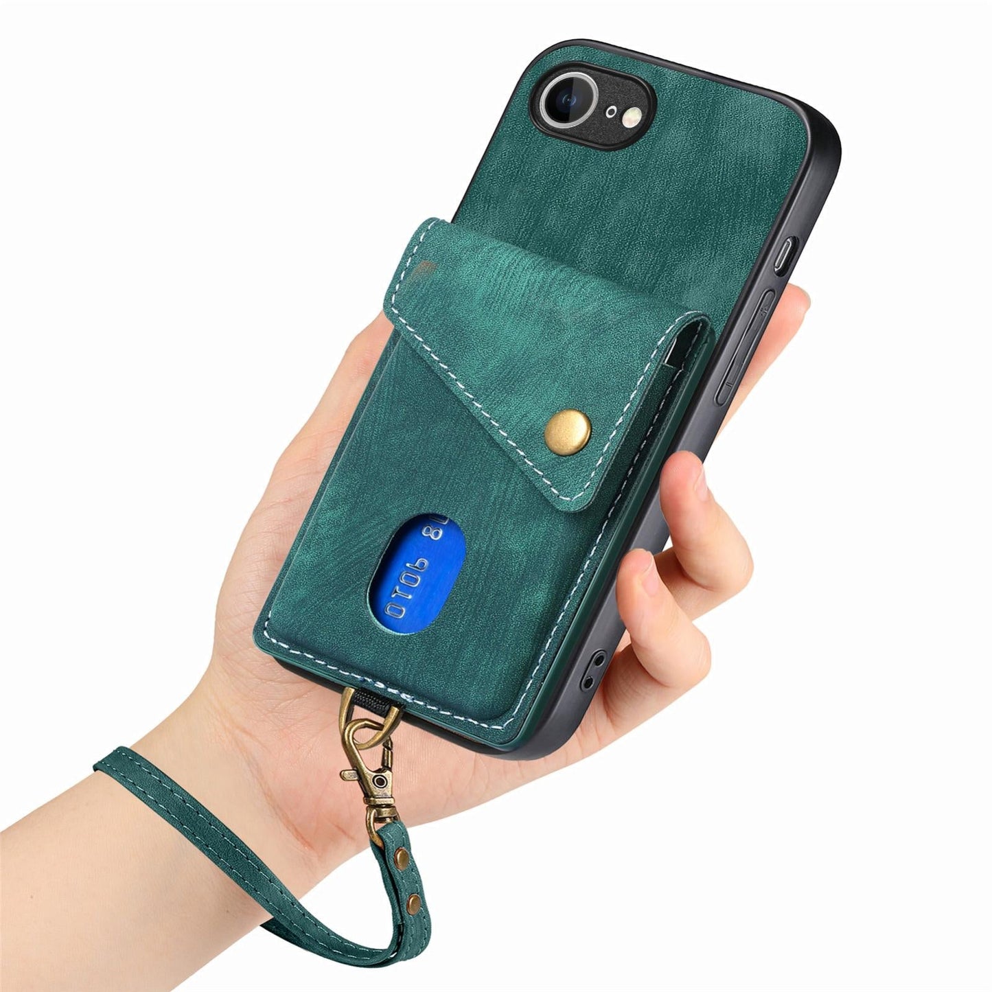For iPhone 16e Retro Card Wallet Fold Leather Phone Case with Strap(Green)