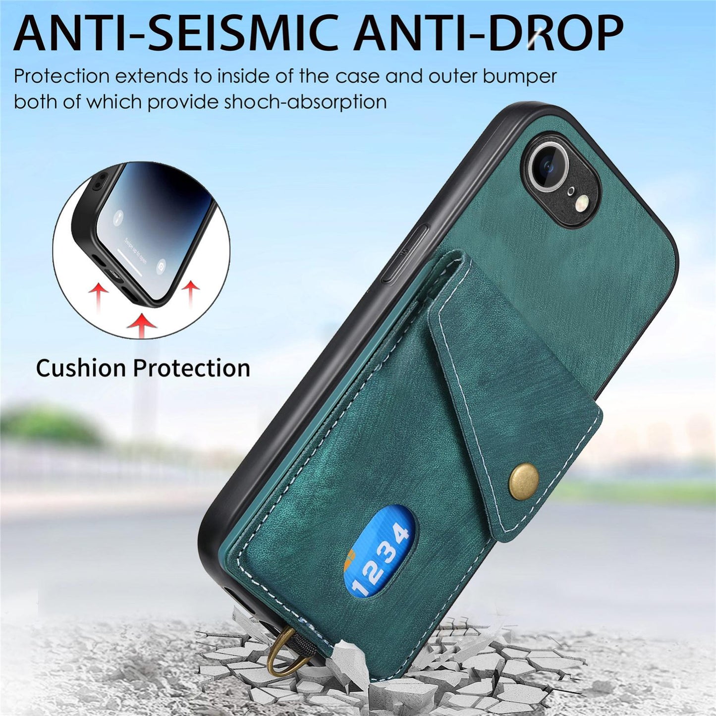 For iPhone 16e Retro Card Wallet Fold Leather Phone Case with Strap(Green)