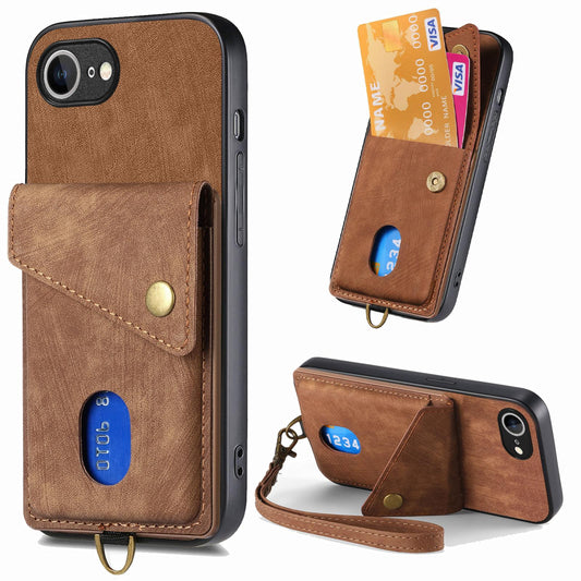 For iPhone 16e Retro Card Wallet Fold Leather Phone Case with Strap(Brown)
