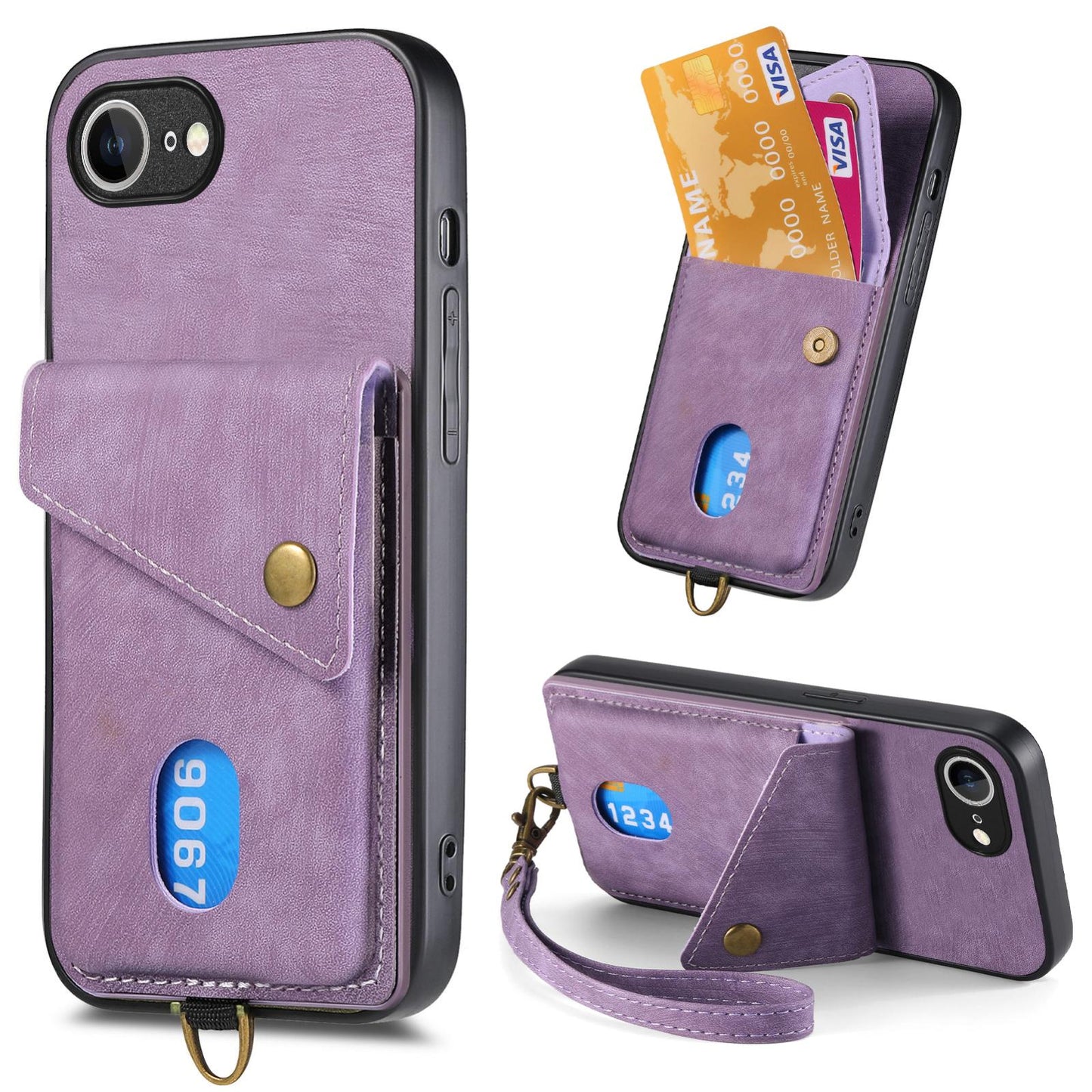 For iPhone 16e Retro Card Wallet Fold Leather Phone Case with Strap(Purple)