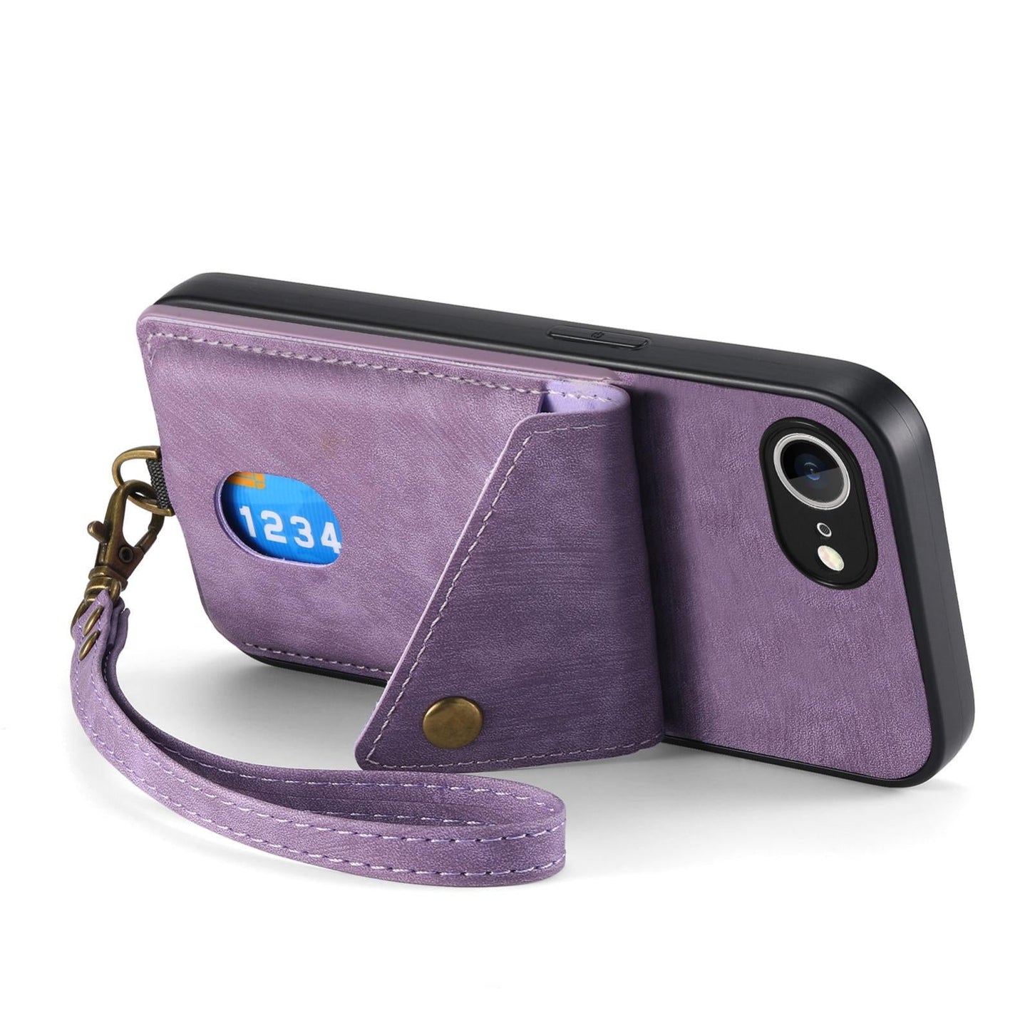 For iPhone 16e Retro Card Wallet Fold Leather Phone Case with Strap(Purple)