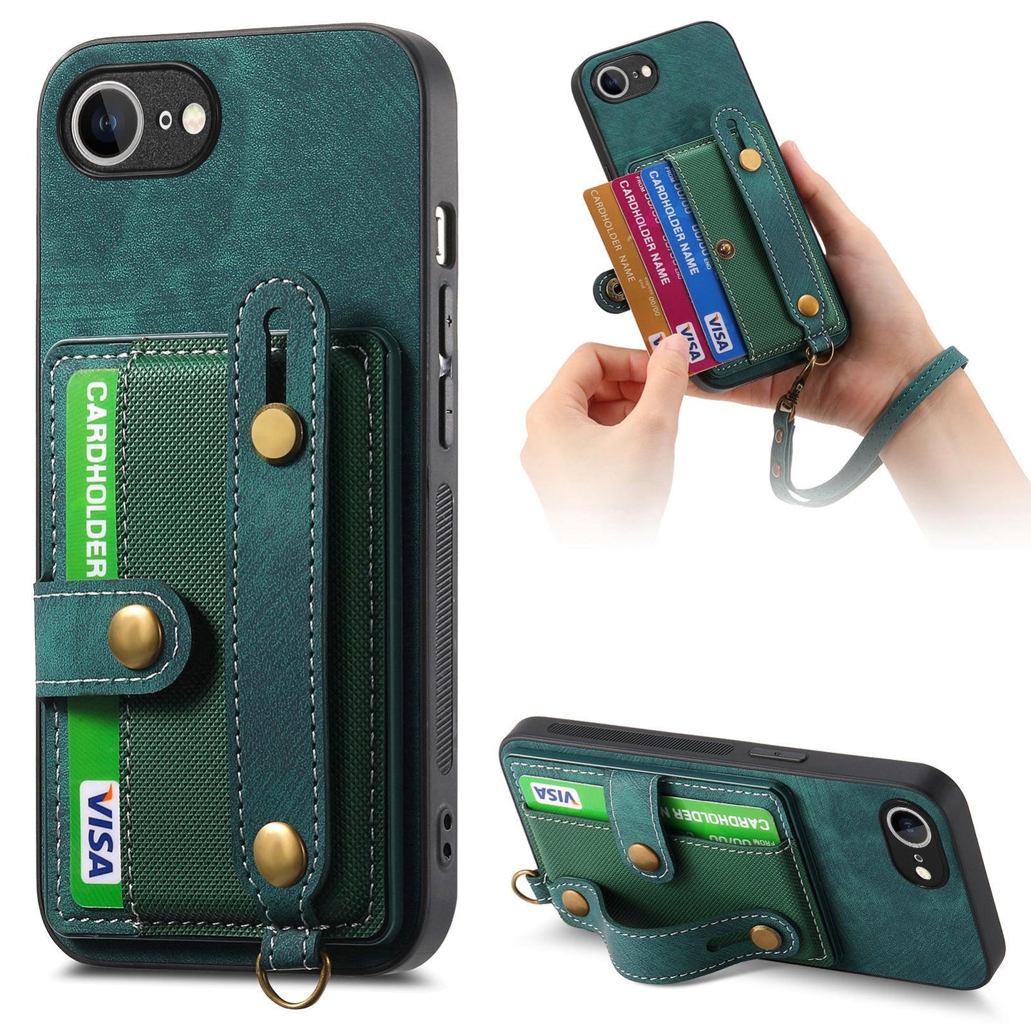 For iPhone 16e Retro Cross Wristband Wallet Leather Back Phone Case(Green)