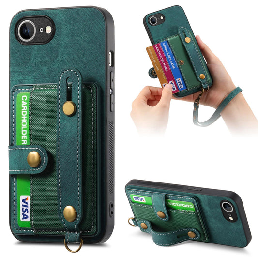 For iPhone 16e Retro Cross Wristband Wallet Leather Back Phone Case(Green)