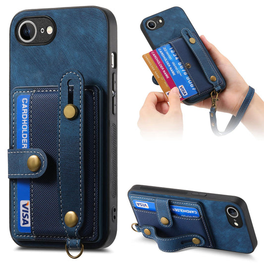 For iPhone 16e Retro Cross Wristband Wallet Leather Back Phone Case(Blue)