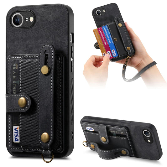 For iPhone 16e Retro Cross Wristband Wallet Leather Back Phone Case(Black)