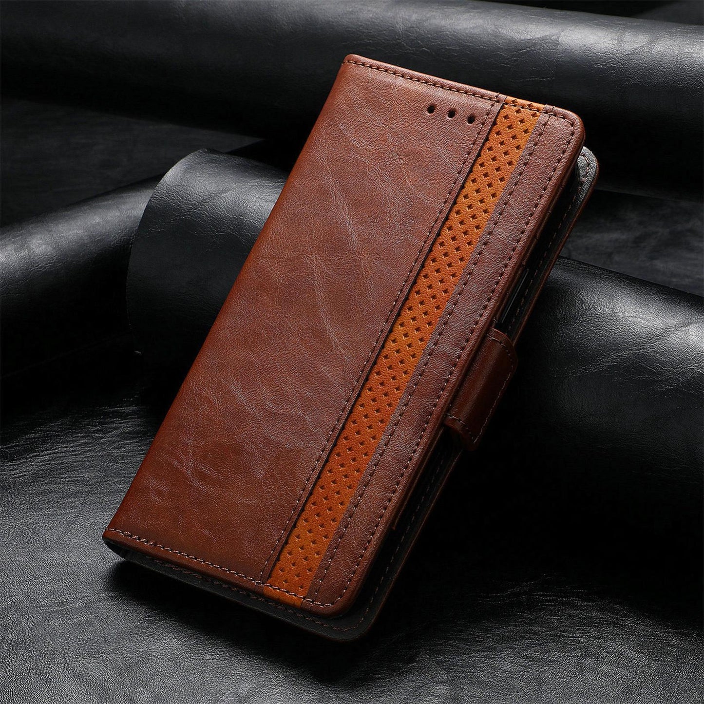 For iPhone 16e CaseNeo Splicing Dual Magnetic Buckle Leather Phone Case(Brown)