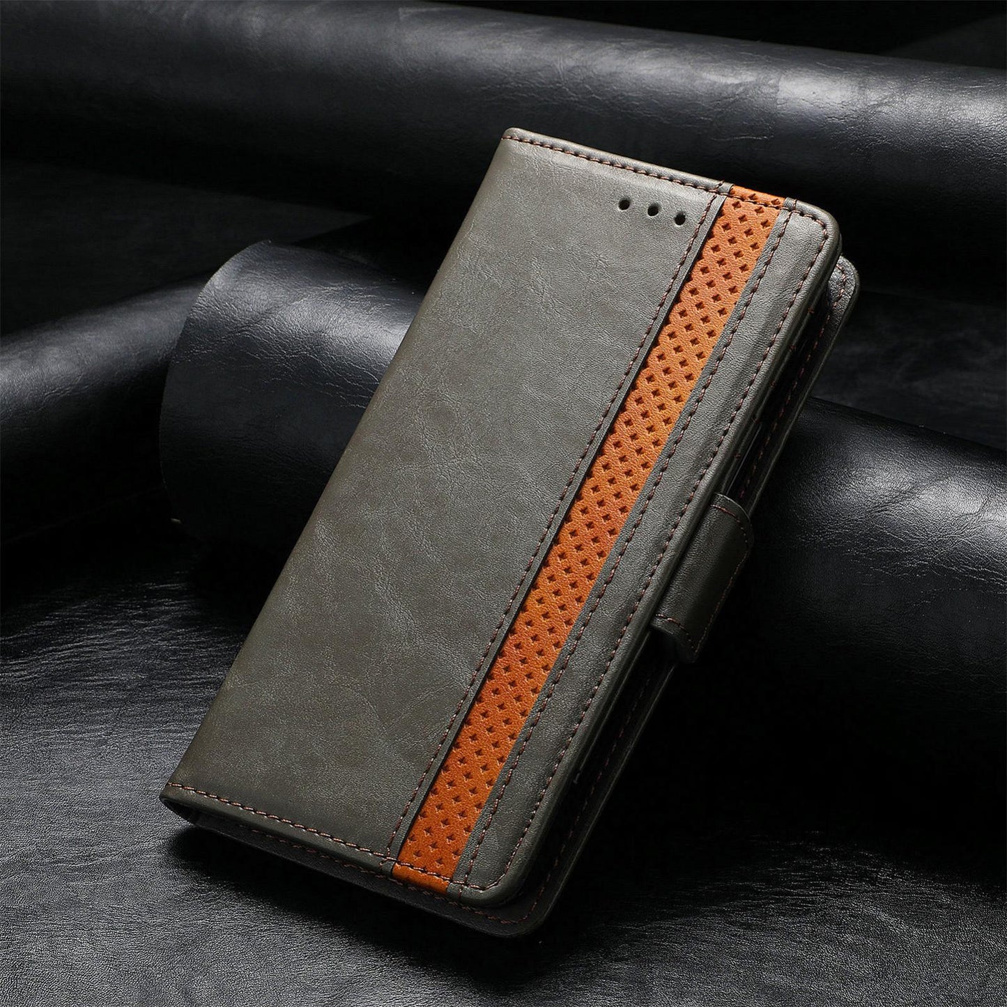 For iPhone 16e CaseNeo Splicing Dual Magnetic Buckle Leather Phone Case(Gray)