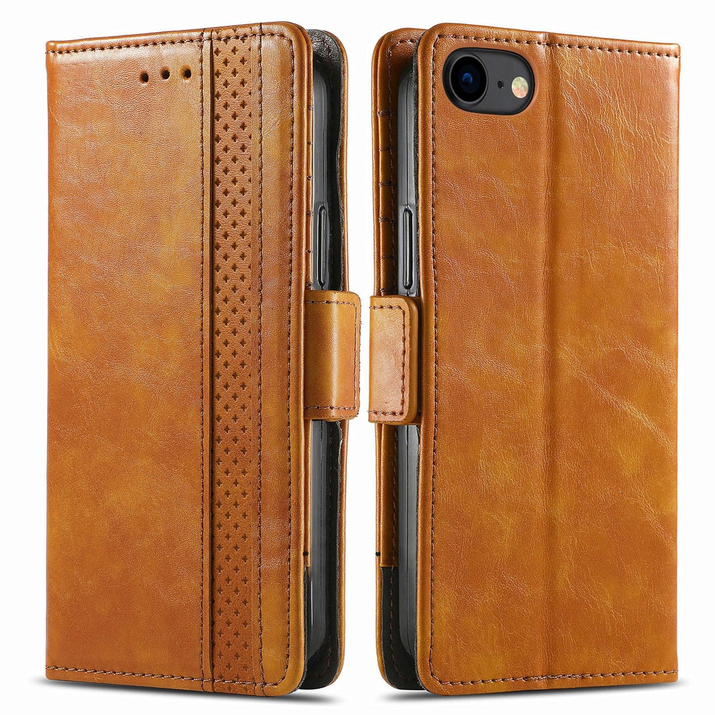 For iPhone 16e CaseNeo Splicing Dual Magnetic Buckle Leather Phone Case(Khaki)