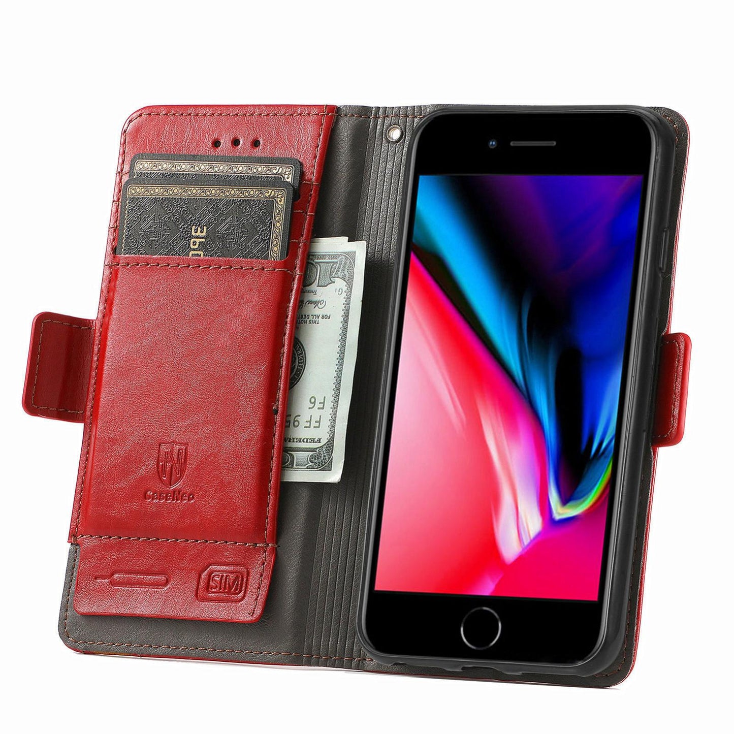 For iPhone 16e CaseNeo Splicing Dual Magnetic Buckle Leather Phone Case(Red)