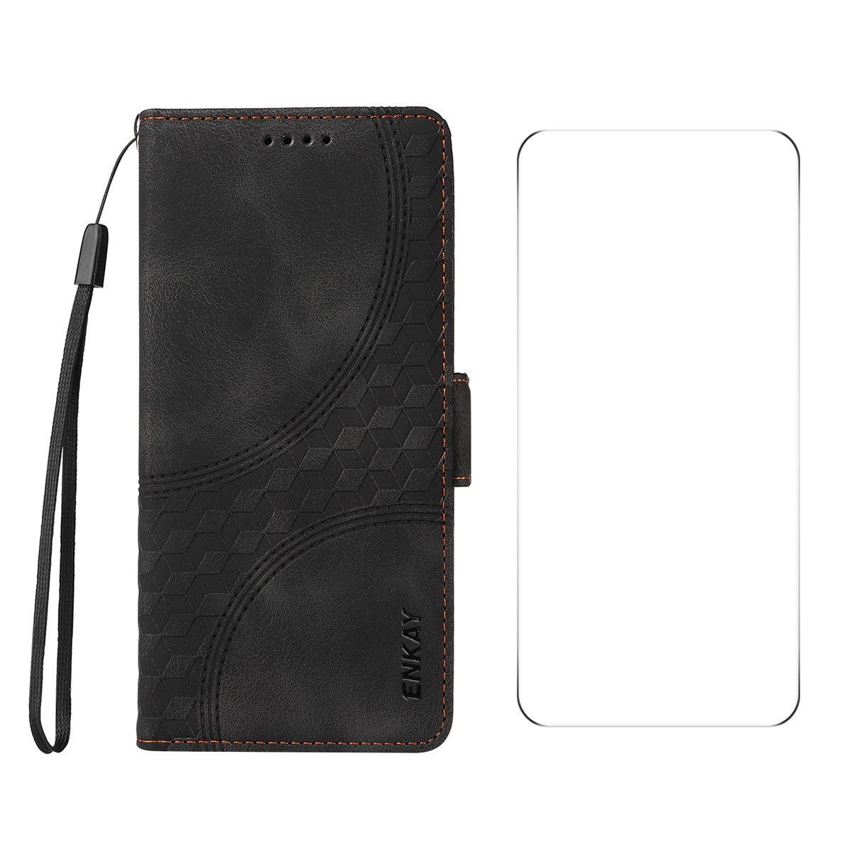 For iPhone 16e ENKAY Embossed Rhombus Starry Leather Phone Case with Screen Film(Black)