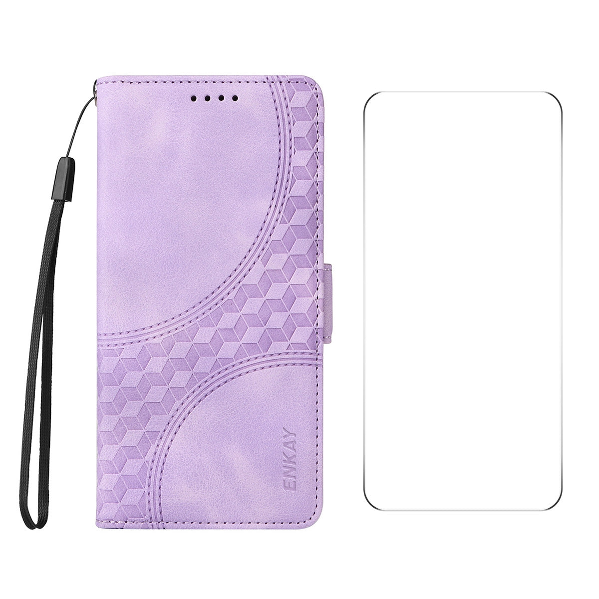 For iPhone 16e ENKAY Embossed Rhombus Starry Leather Phone Case with Screen Film(Purple)