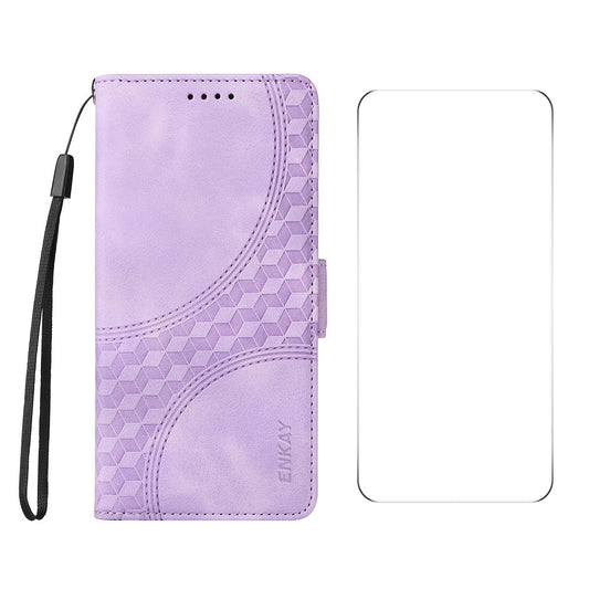 For iPhone 16e ENKAY Embossed Rhombus Starry Leather Phone Case with Screen Film(Purple)