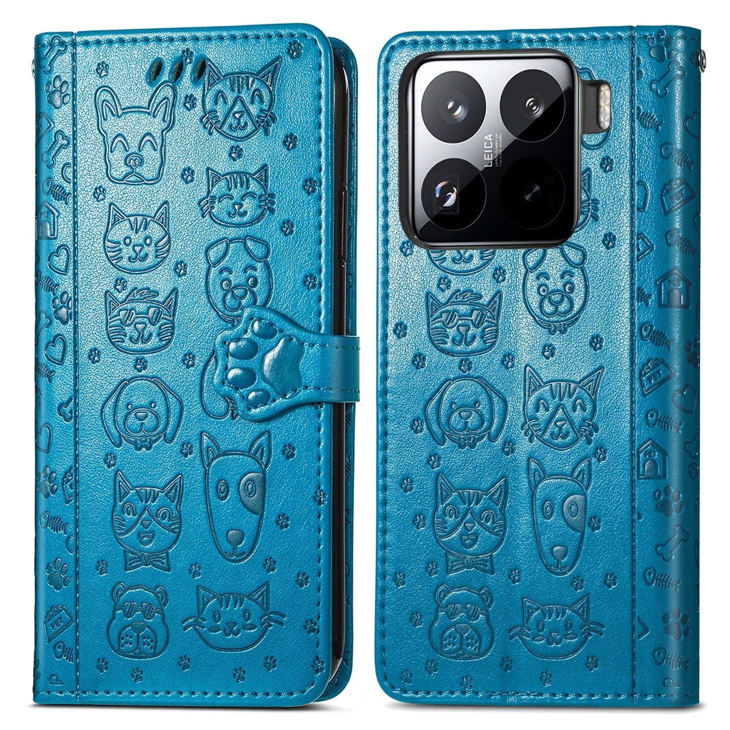 For Xiaomi 15 Pro Cat and Dog Embossed Leather Phone Case(Blue)