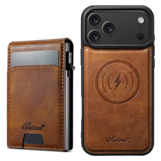 Compatible with iPhone 18 Pro Max Suteni H19 Oil Wax 2-in-1 MagSafe Removable Card Box Back Phone Case - Brown