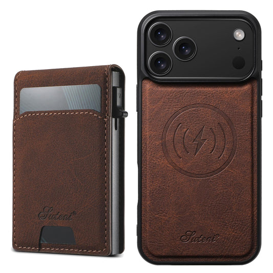 Compatible with iPhone 18 Pro Max Suteni H19 Litchi Grain 2-in-1 MagSafe Removable Card Box Back Phone Case - Brown