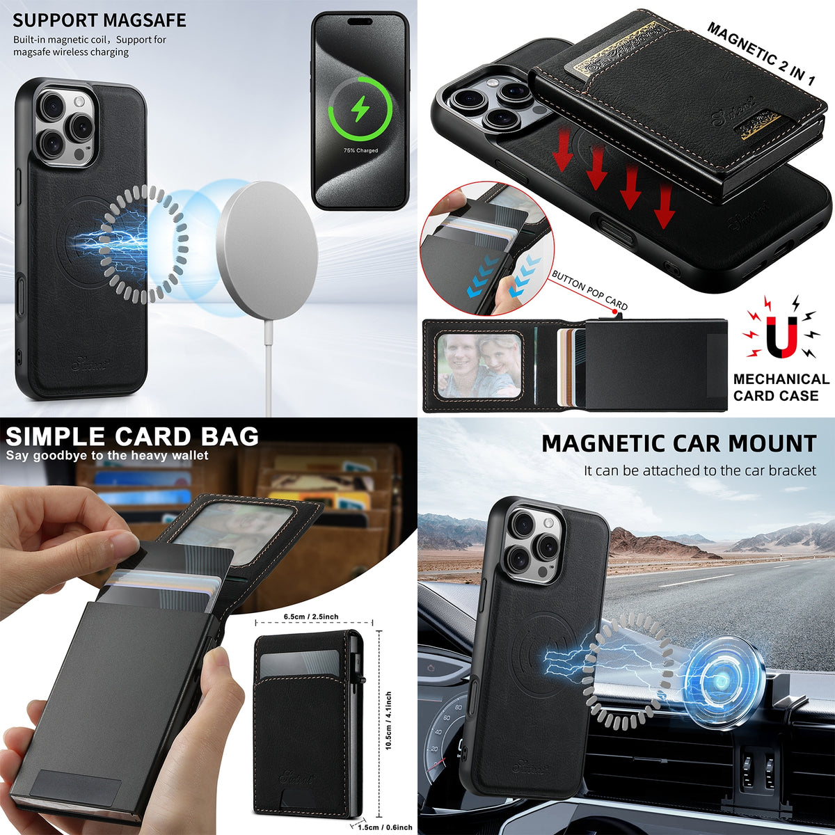 Compatible with iPhone 18 Pro Max Suteni H19 Litchi Grain 2-in-1 MagSafe Removable Card Box Back Phone Case - Black