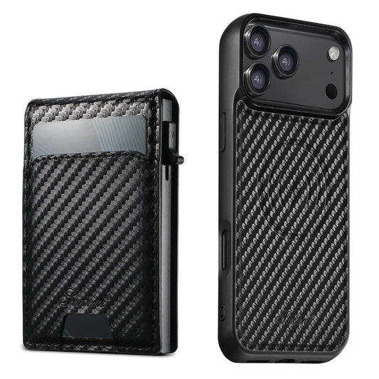Compatible with iPhone 18 Pro Max Suteni H19 Carbon Fiber Grain 2-in-1 MagSafe Removable Card Box Back Phone Case - Black