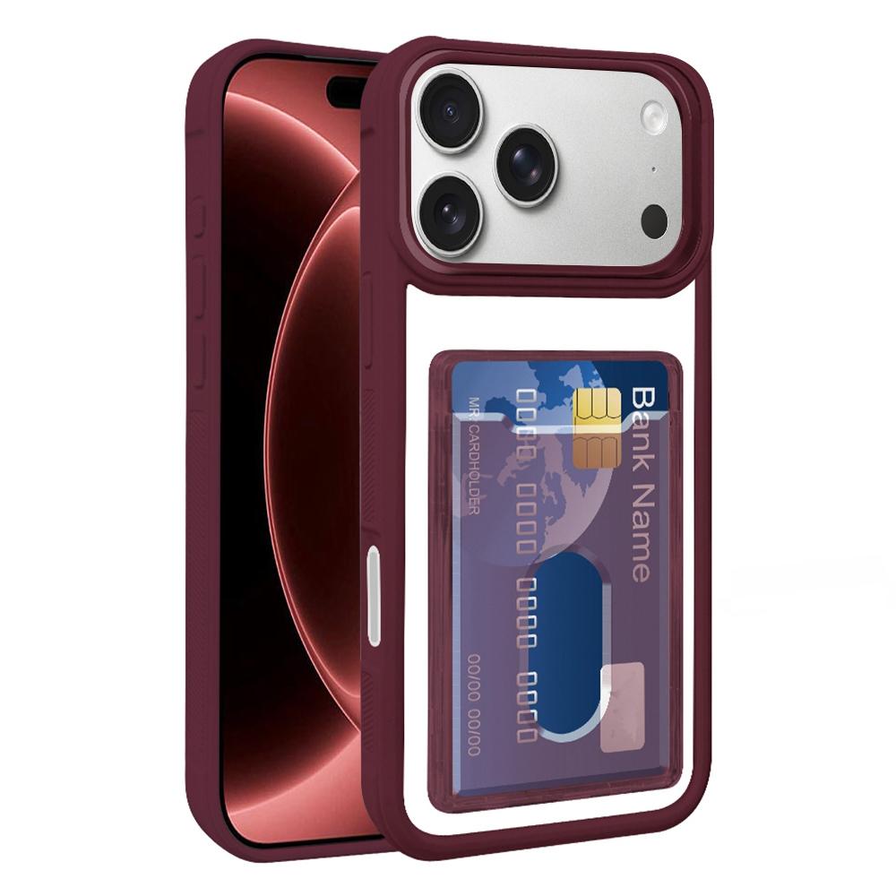 Compatible with iPhone 18 Pro Max Electroplated Card Bag Acrylic Dual-Layer TPU Phone Case - Wine Red