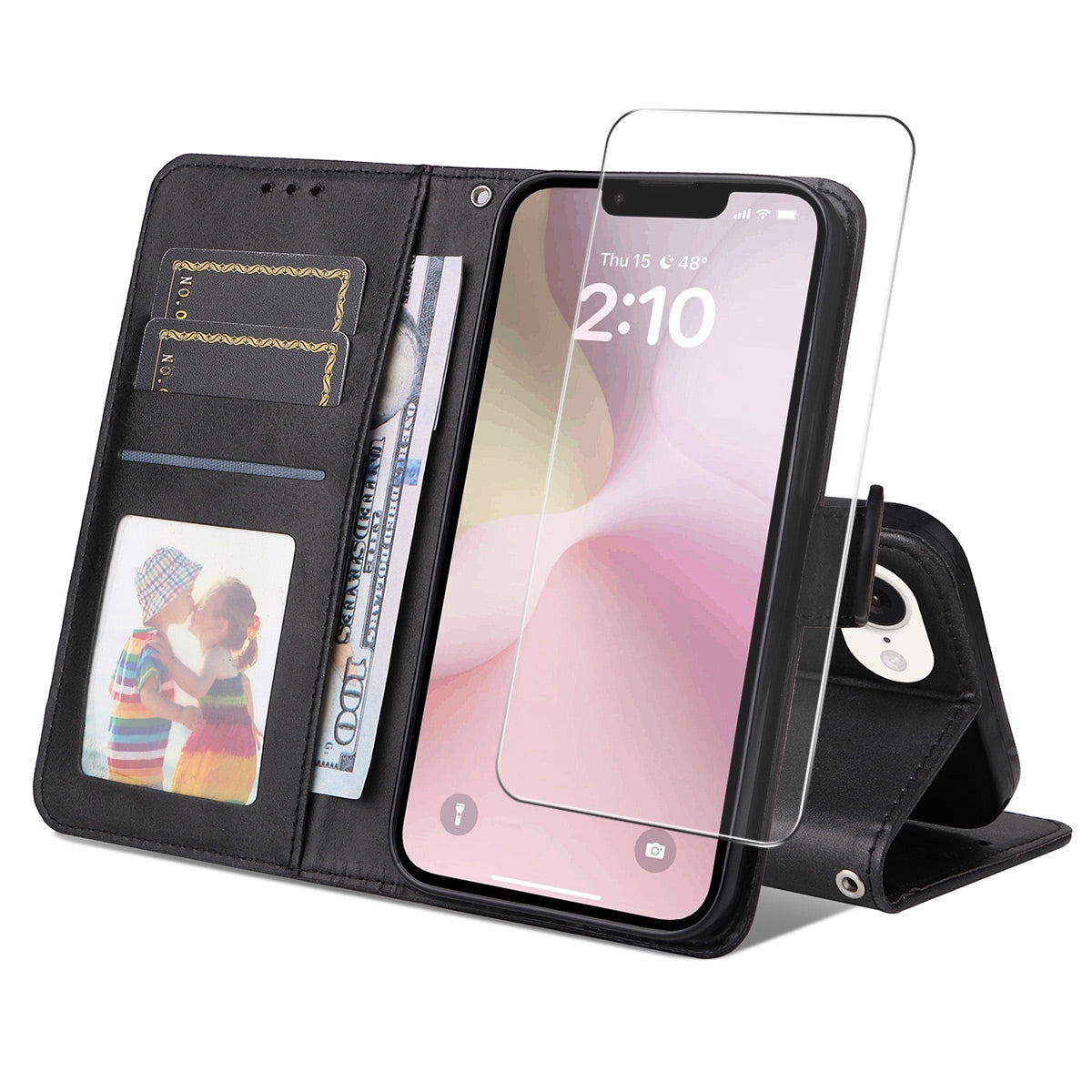 For iPhone 16e ENKAY Card Wallet Calf Texture Leather Phone Case with Screen Film(Black)