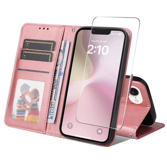 For iPhone 16e ENKAY Card Wallet Calf Texture Leather Phone Case with Screen Film(Pink)