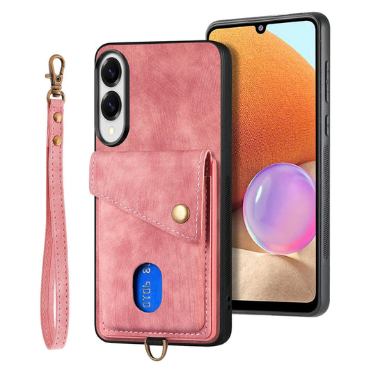 For Samsung Galaxy S25 Edge 5G Retro Card Wallet Fold Leather Phone Case with Strap(Pink)