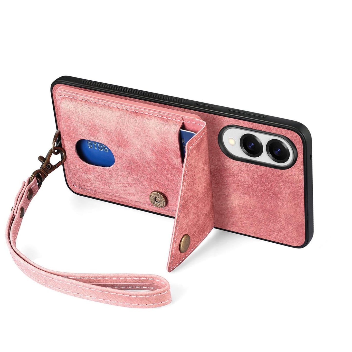 For Samsung Galaxy S25 Edge 5G Retro Card Wallet Fold Leather Phone Case with Strap(Pink)