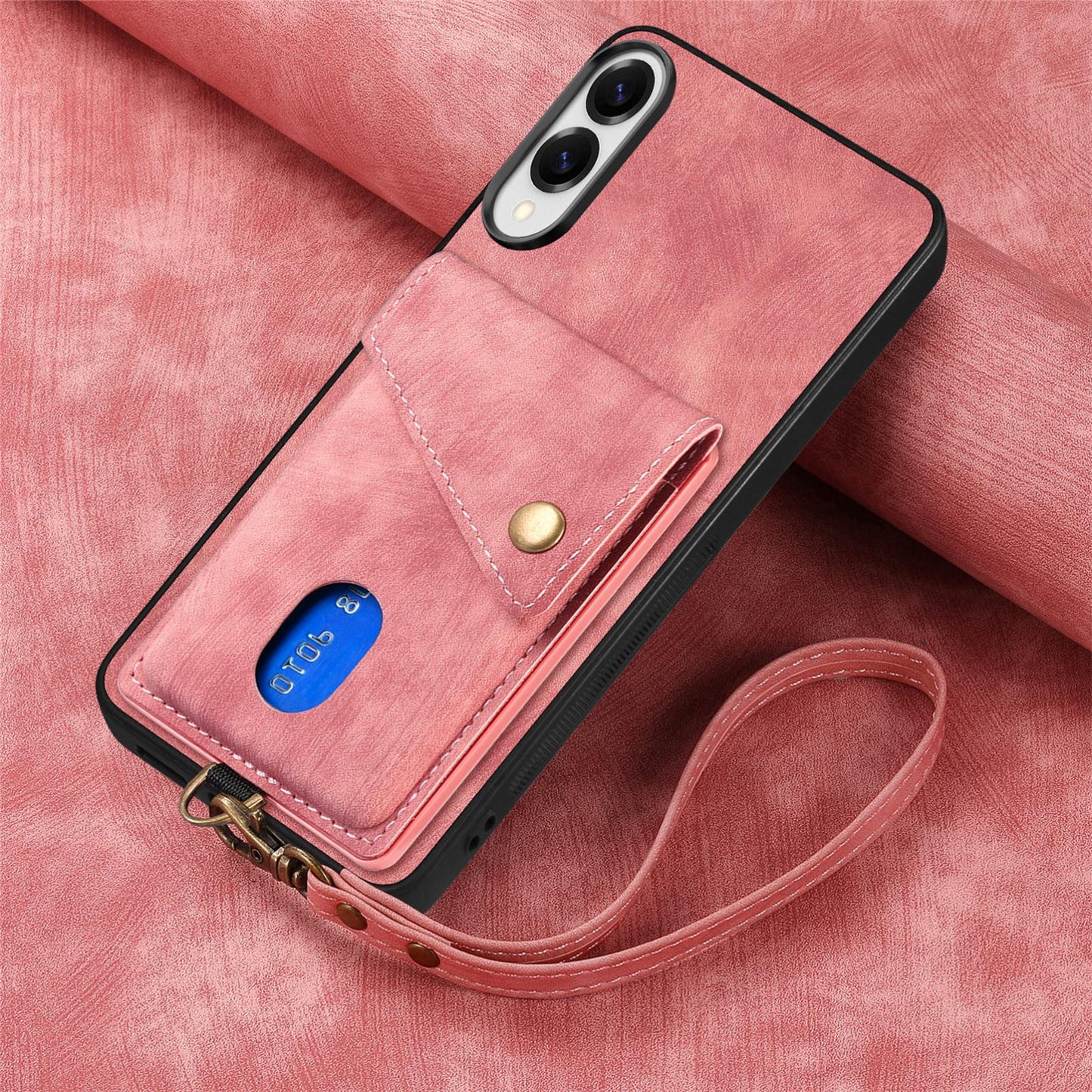 For Samsung Galaxy S25 Edge 5G Retro Card Wallet Fold Leather Phone Case with Strap(Pink)