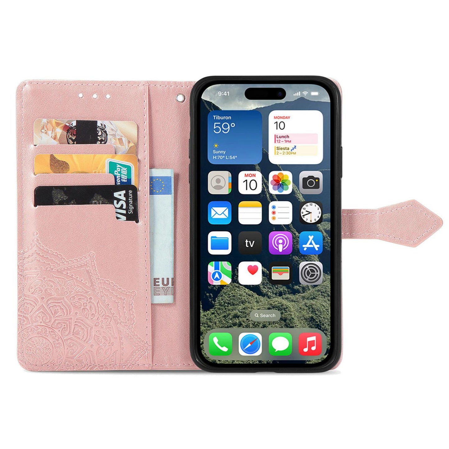 For iPhone 16e Mandala Flower Embossed Leather Phone Case(Rose Gold)