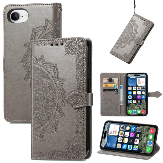 For iPhone 16e Mandala Flower Embossed Leather Phone Case(Gray)