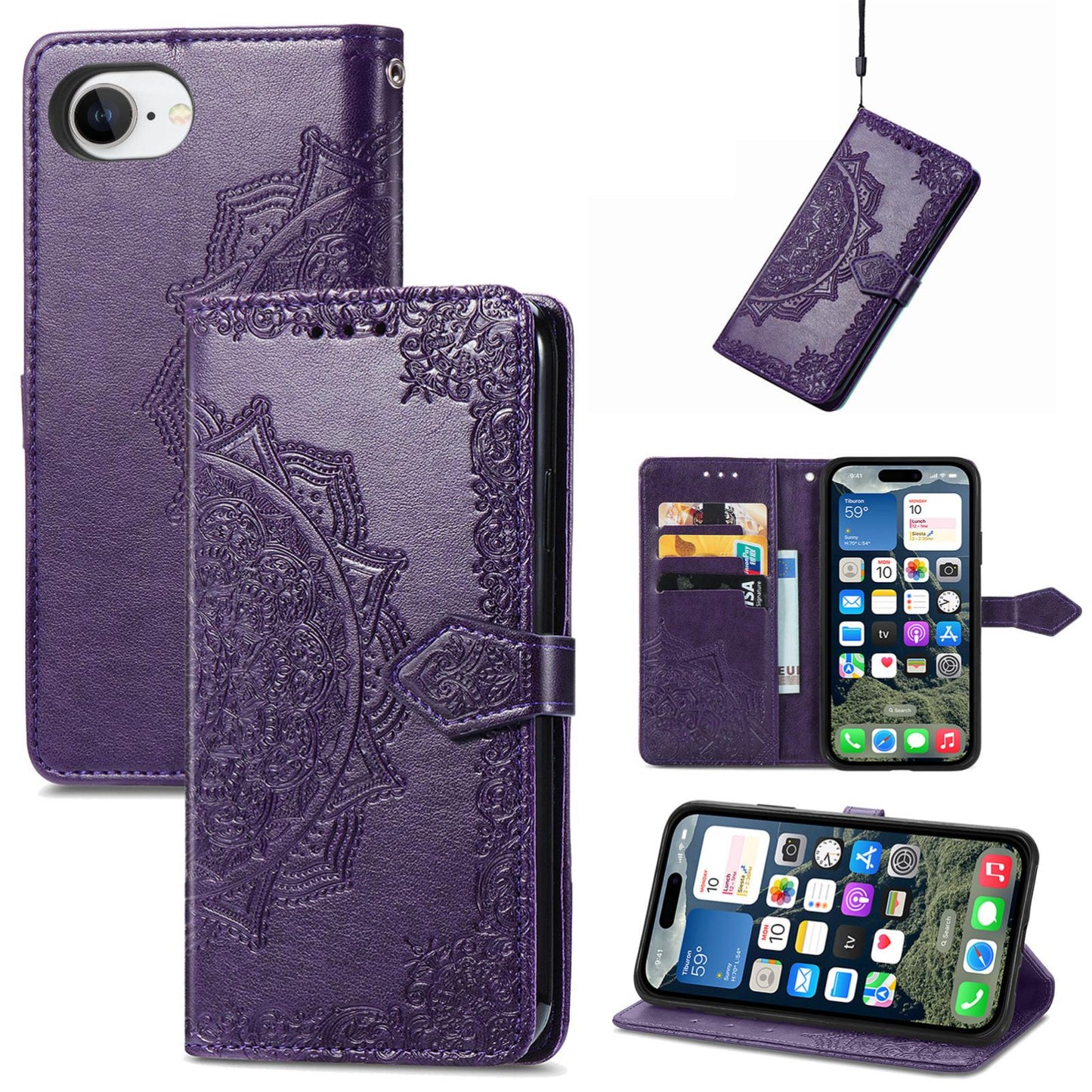 For iPhone 16e Mandala Flower Embossed Leather Phone Case(Purple)